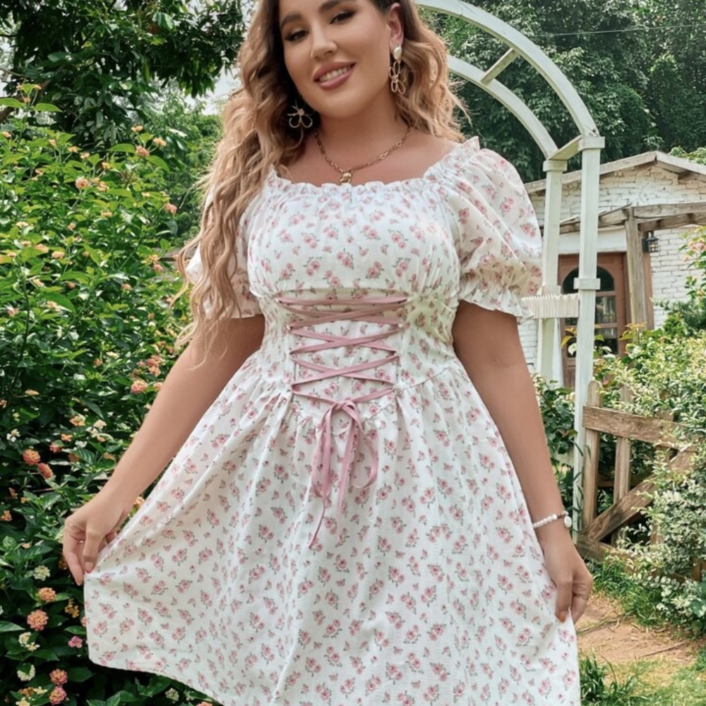 Peasant Summer dress in off white with pink flowers with lace up back size 0XL